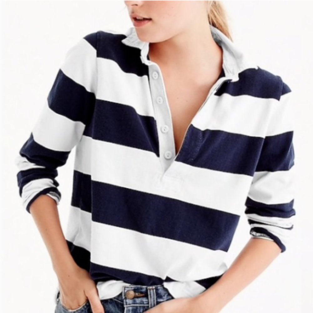 NWOT J.CREW 1984 Rugby Stripe Long Sleeve Polo Shirt Navy/White